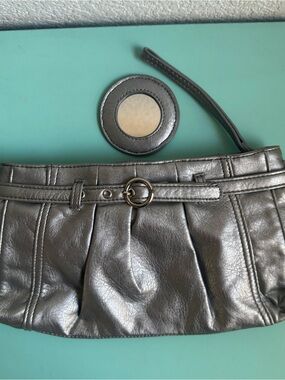 Metallic Silver Interior Wristlet clutch bag with mirror Neiman Marcux